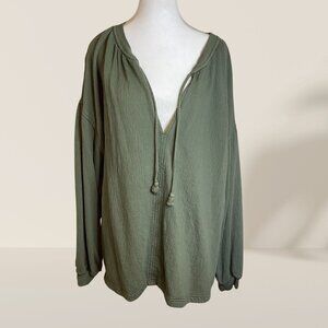 Aerie Olive Green V-Neck Pullover XL | Relaxed Long Sleeve Top